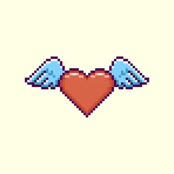 Simple flat pixel art illustration of cartoon winged red heart イラスト素材