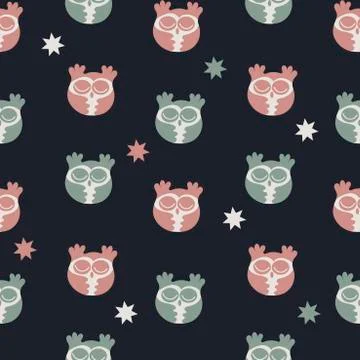 Simple flat sleeping owls on a dark blue background. Vector seamless backgrou Stock Illustration