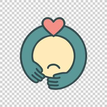 Simple Flat Style Hand Holding Sad Face Icon with Heart Above Ilustração Stock