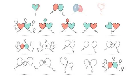 Simple flat style Set icons of beautiful two balloons for the feast of love on Stock Illustration