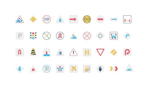 Simple Flat Traffic Road Signs Collection Set Stock Illustration