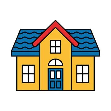 Simple flat of a two story suburban house with a red roof, yellow walls, an.. イラスト素材