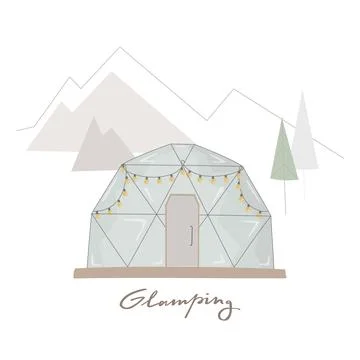 Simple flat vector glamping house with mountains, trees at the background Stock-Illustration