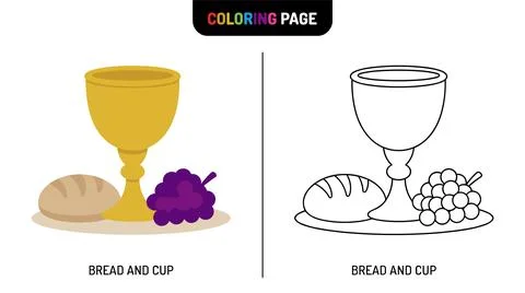 Simple flat vector illustration of a chalice with bread and grapes, presented 스톡 일러스트