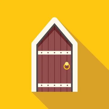 Simple flat vector illustration of a closed medieval wooden door with metal d Stock Illustration