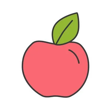 Simple flat vector illustration of a red apple with a green leaf This illus.. Illustrazione stock