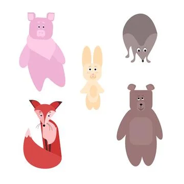 Simple, flat, vector illustrations of animals hare, pig, fox, bear, hedgehog Stock Illustration