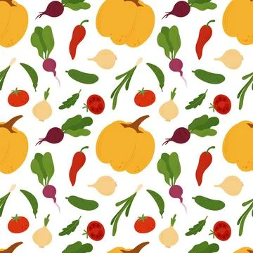 Simple flat vegetables seamless pattern. Colorful autumn harvest of pumpkin zucc Stock Illustration