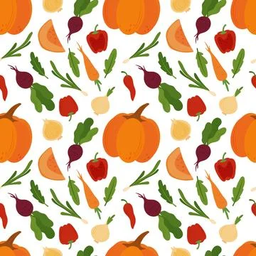 Simple flat vegetables seamless pattern. Colorful autumn harvest of pumpkin zucc Stock Illustration