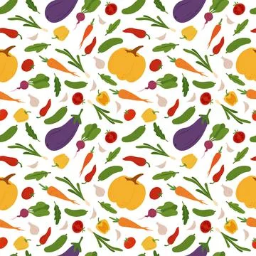 Simple flat vegetables seamless pattern. Colorful autumn harvest of pumpkin zucc Stock Illustration