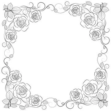 Simple floral frame in black isolated on white background Illustrazione stock