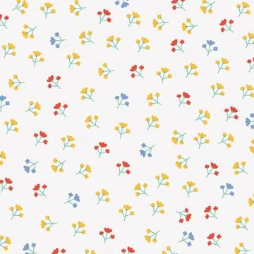 Simple Floral Pattern with Red Yellow and Blue Flowers on White Background Stock Illustration