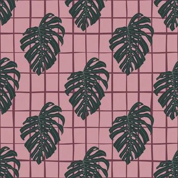Simple floral seamless doodle pattern with green monstera ornament. Pink Stock Illustration