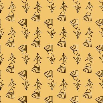 Simple floral seamless pattern, black stroke on yellow background Stock Illustration