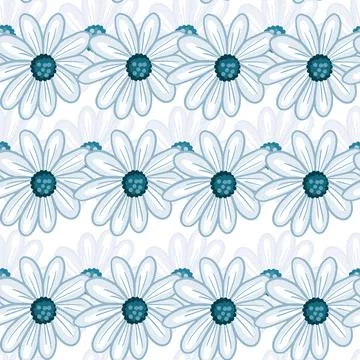 Simple floral seamless pattern with blue contoured daisy flowers print. White Stock Illustration