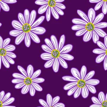 Simple floral seamless pattern with contoured daisy flowers shapes. Purple ba Illustrazione stock