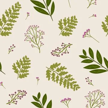 Simple floral seamless pattern with flowers and leaves. Fern and bay leaf b.. Illustrazione stock