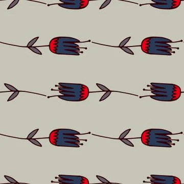Simple floral seamless pattern with navy blue and red outline tulip flowers.  Stock Illustration