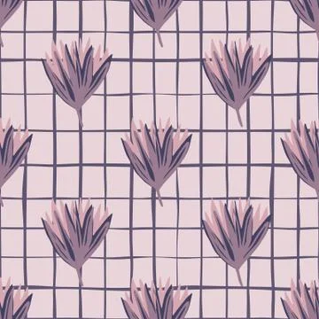 Simple floral seamless pattern with tulip buds. Purple flower ornament on gre Stock Illustration