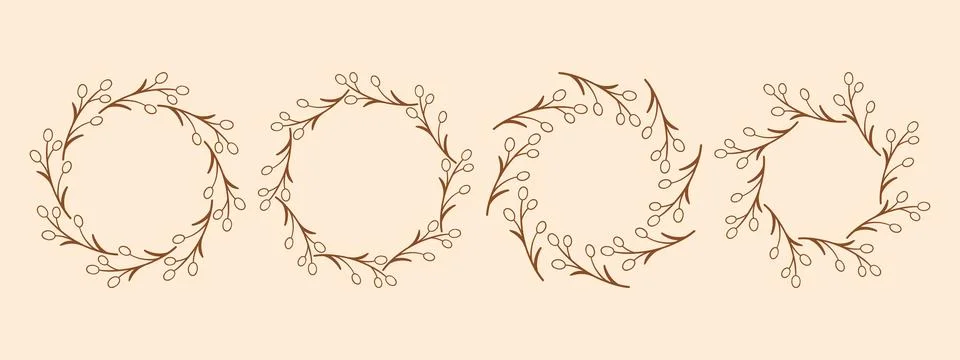 Simple flower circle frame set. Hand drawn brown round line border, leaves and Stock Illustration