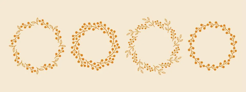 Simple flower circle frame set. Hand drawn yellow round line border, leaves and Stock-Illustration
