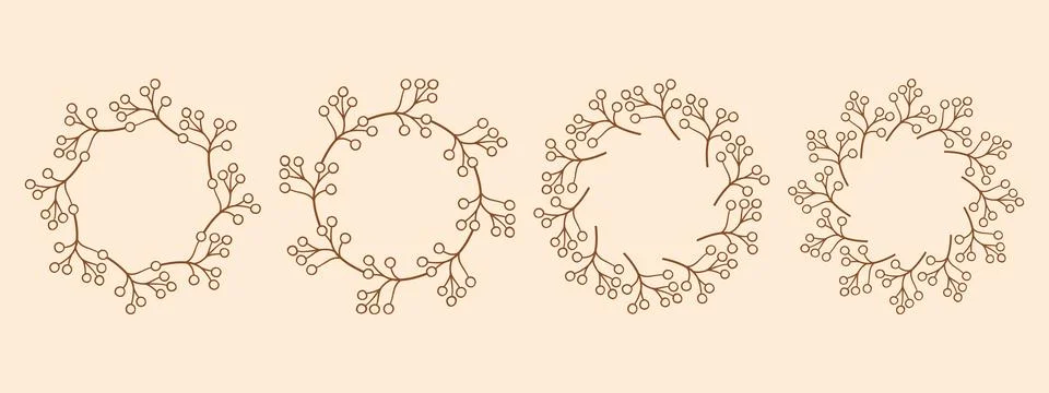 Simple flower circle frame set. Hand drawn brown round line border, leaves and Stock Illustration