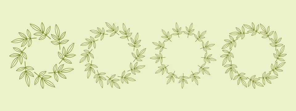 Simple flower circle frame set. Hand drawn green round line border, leaves and Stock Illustration