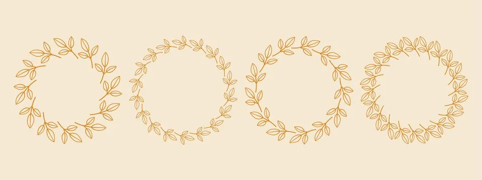 Simple flower circle frame set. Hand drawn yellow round line border, leaves and Stock Illustration
