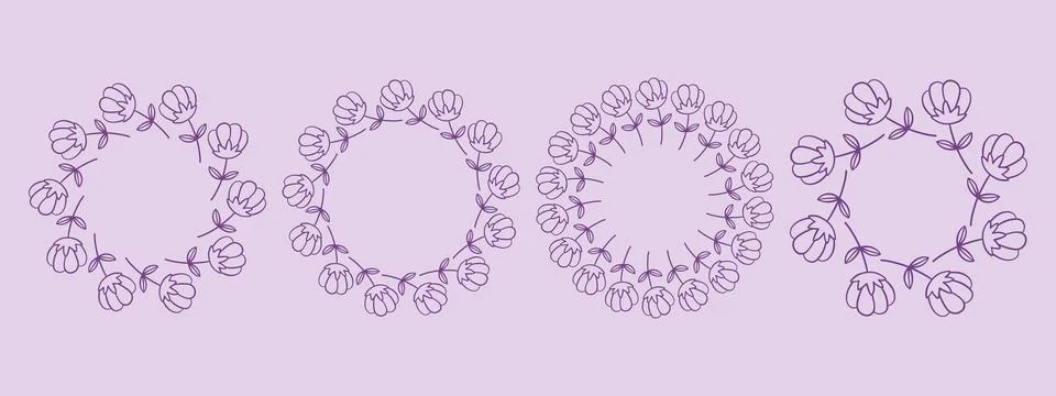 Simple flower circle frame set. Hand drawn purple round line border, leaves and Stock Illustration