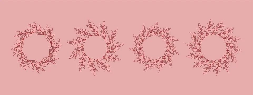 Simple flower circle frame set. Hand drawn red round line border, leaves and Stock Illustration