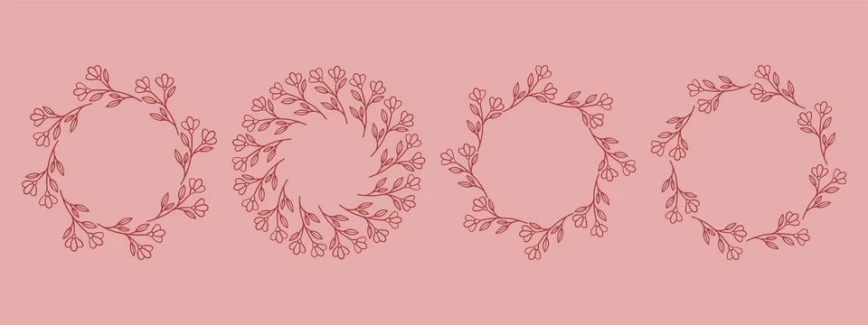 Simple flower circle frame set. Hand drawn red round line border, leaves and Stock Illustration