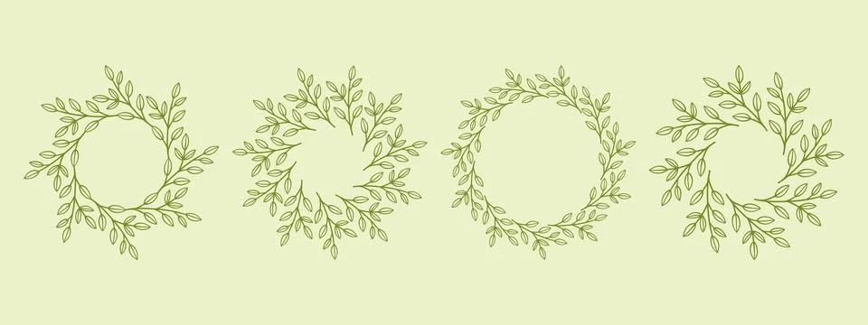 Simple flower circle frame set. Hand drawn green round line border, leaves and Stock Illustration