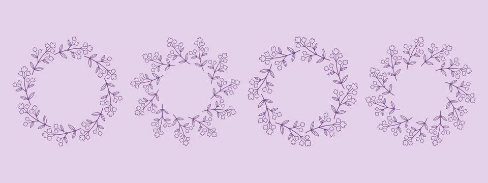 Simple flower circle frame set. Hand drawn purple round line border, leaves and Stock Illustration
