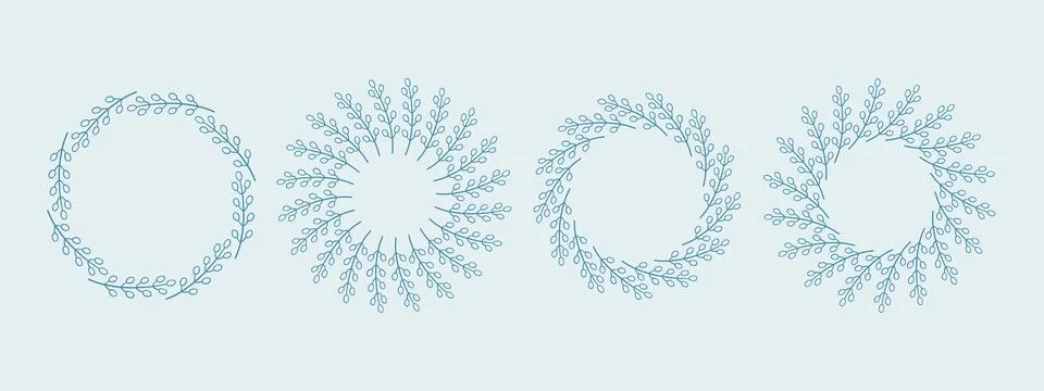 Simple flower circle frame set. Hand drawn blue round line border, leaves and Stock Illustration