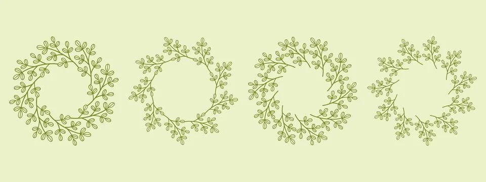 Simple flower circle frame set. Hand drawn green round line border, leaves and Stock Illustration