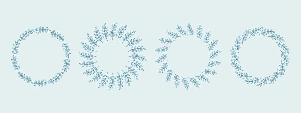 Simple flower circle frame set. Hand drawn blue round line border, leaves and Stock Illustration