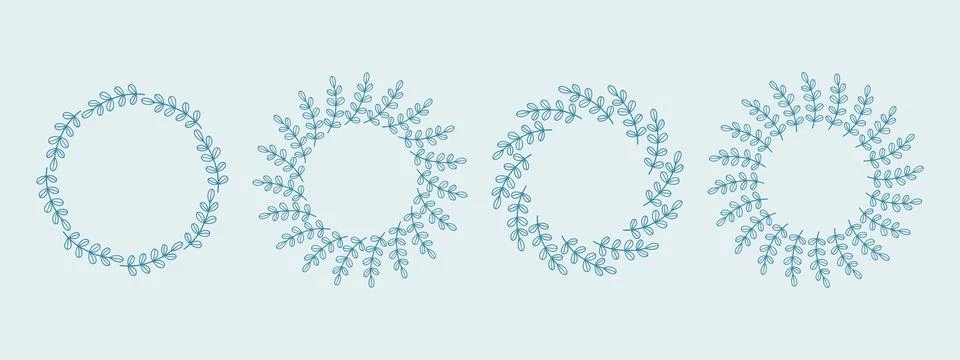 Simple flower circle frame set. Hand drawn blue round line border, leaves and Stock Illustration