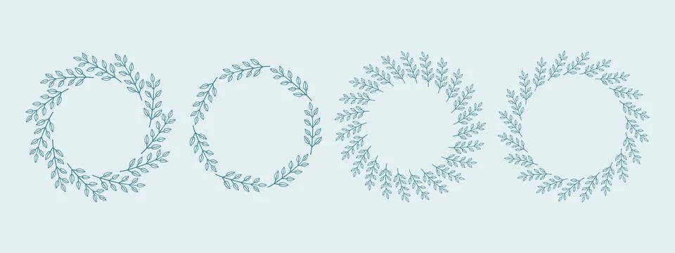Simple flower circle frame set. Hand drawn blue round line border, leaves and Stock Illustration