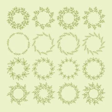 Simple flower circle frame set. Hand drawn green round line border, leaves and Stock Illustration