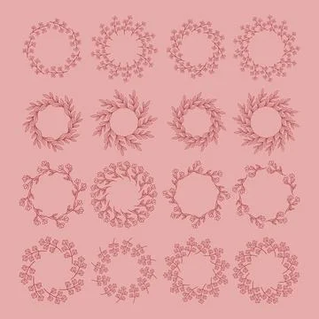 Simple flower circle frame set. Hand drawn red round line border, leaves and Stock Illustration