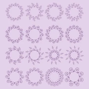 Simple flower circle frame set. Hand drawn purple round line border, leaves and Illustrazione stock