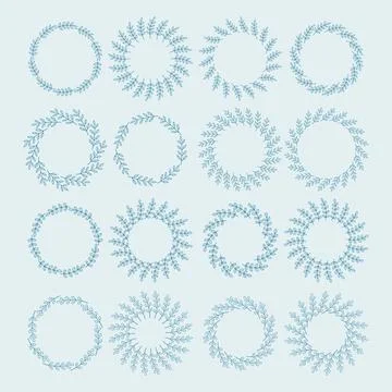 Simple flower circle frame set. Hand drawn blue round line border, leaves and Stock Illustration