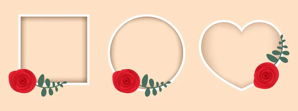 Simple flower frame with white square, round and heart shape, for marketing.. Illustrazione stock