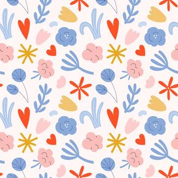 Simple flower pattern with cotton, plant and abstract doodle shapes illustration Stock Illustration