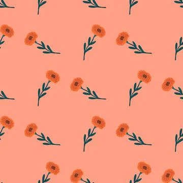 Simple flower seamlessp pattern in hand drawn modern style. Pink background. Stock Illustration