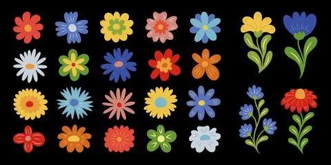 Simple flowers. Floral garden elements, top view blossoms, leaves colorful daisy Stock Illustration