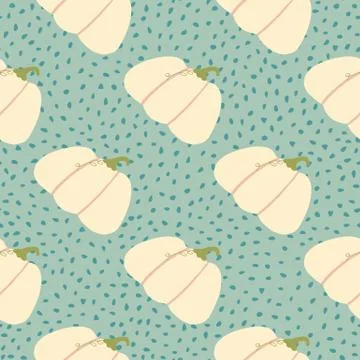 Simple food seamless pattern with light pink pumpkins. Blue background with d Stock Illustration