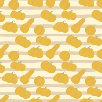Simple food seamless pattern with orange pumpkins. Light purple background wi Stock Illustration