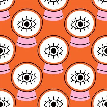 Simple fortune orb hand drawn Halloween seamless pattern on orange background Stock Illustration