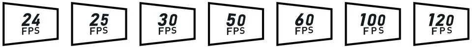 Simple FPS - frames per second icon set. Black numeric value in screen tilted Stock Illustration